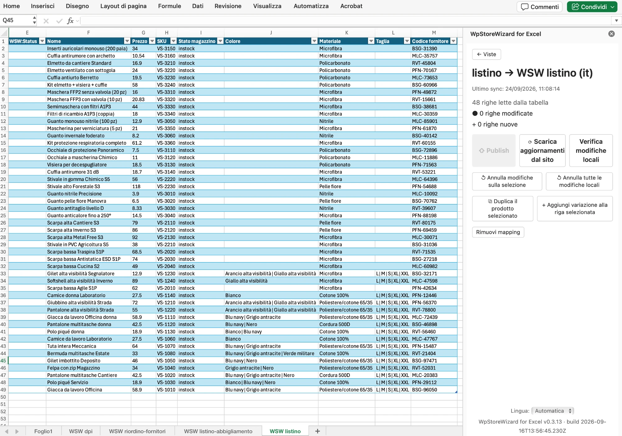 Foglio Excel con 48 prodotti del negozio e il pannello laterale di WpStoreWizard aperto