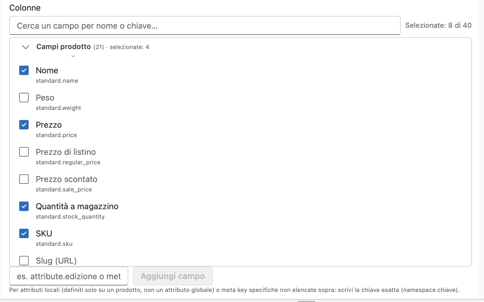 Pannello di WpStoreWizard: elenco dei campi prodotto con le caselle spuntate per Nome, Prezzo, Quantita a magazzino e SKU